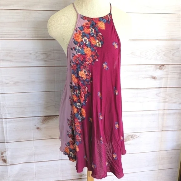 Free People It's a Cinch Magenta Floral Print Tie Back Mini Dress Size Small - Picture 6 of 16